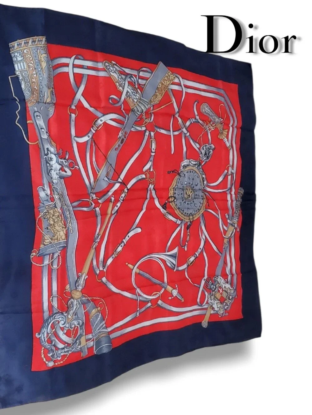 Vintage Christian Dior Silk Scarf Equestrian Hunting Weapon Motif Red Navy Blue